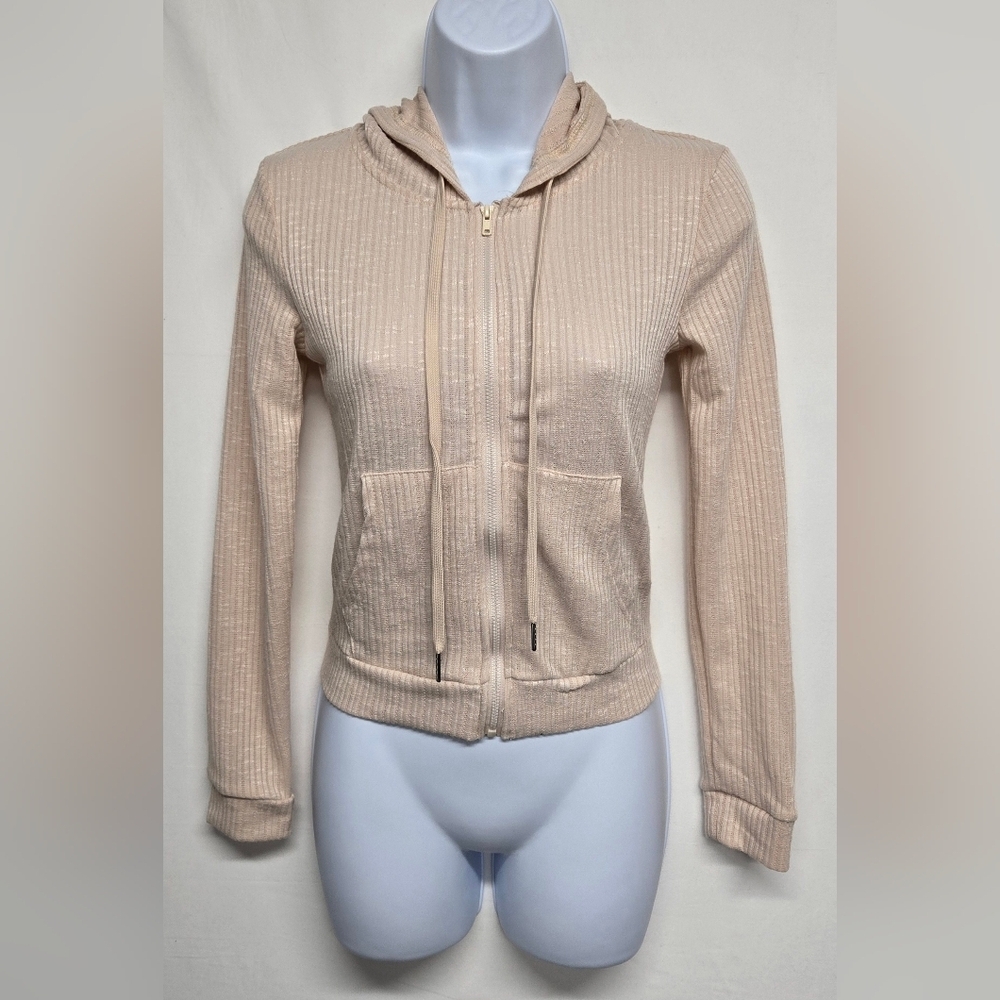 Dazy S Long Sleeve Hooded Lightweight Ribbed Jacket Sweater Zip Down Pockets